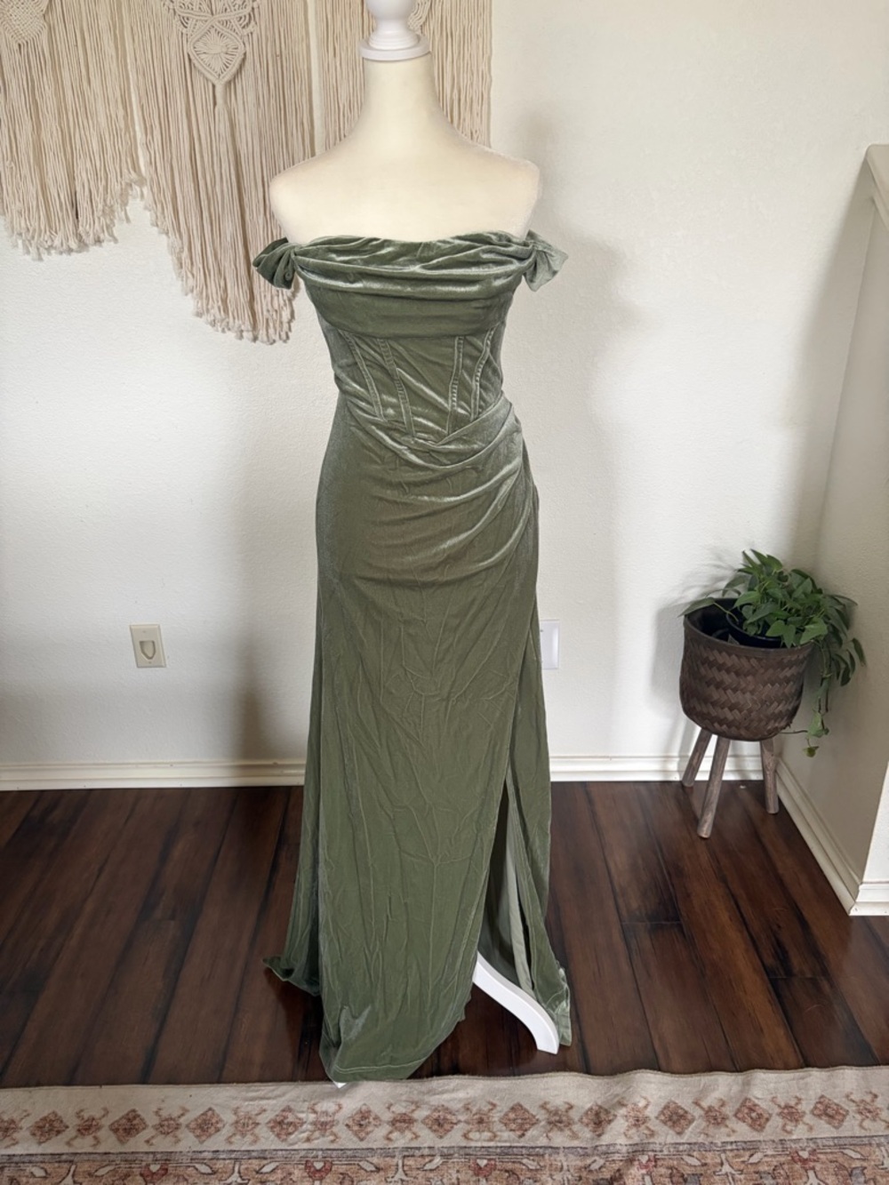 Off-Shoulder Olive Green Velvet Evening Gown